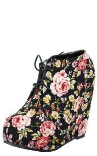  Camilla1 Lace Up Floral Wedge Booties BLACK: Shoes