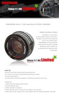 HORUSBENNU 50mm F1.7 Lens for PENTAX PK + UV Filter NEW  