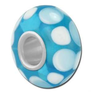  14mm Teal Blue with Teal & White Dots Large Hole Glass 