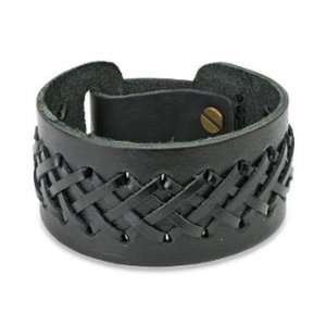    Black Leather Bracelet with Double Weaved X Braids: Jewelry