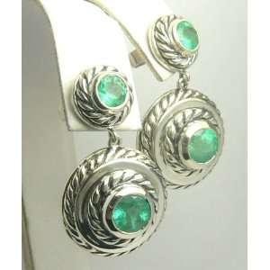   Sterling Silver & Round Colombian Emerald Earrings 
