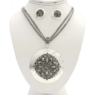 Chunky Silver Round Detailed Layered Pendant & Earrings Set  