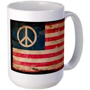   Large Mug Coffee Drink Cup Worn US Flag Peace Symbol: Everything Else