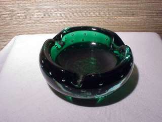 Vintage Murano ART GLASS THICK GREEN BUBBLE Ashtray Bowl Italy Italian 