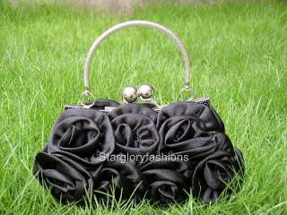 Fabulous Bridal Black Satin Roses Wedding Purse Clutch 16 Colors 