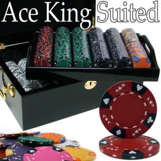 500 Ace King Suited Set Black Poker Chip Set Mahogany Case w/ Bonus 