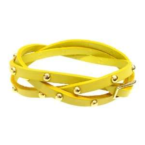    Yellow Gold Studded Italian Calf Leather Wrap Bracelet: Jewelry