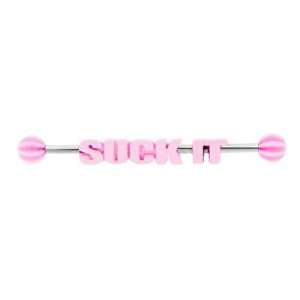  14G 1 1/4 Industrial Barbell with Pink Suck It Center 