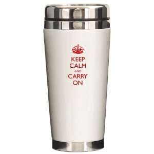 Keep Calm and Carry On Quotes Ceramic Travel Mug by   
