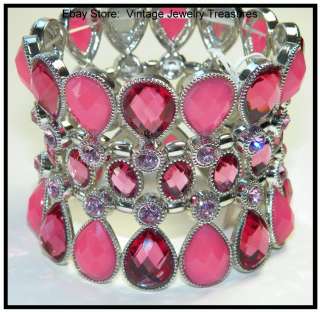 GLITZY Pink Rhinestone Silvertone Stretch Bracelet NEW  