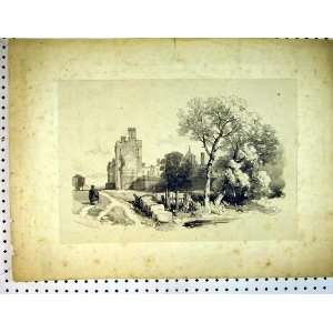   1834 Antique Drawing Castle Village Scene Trees Street