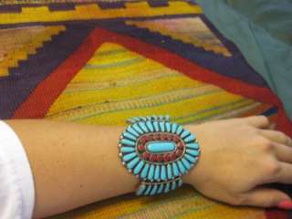 VTG Pawn Navajo Zuni Turquoise Coral Sterling Silver HUGE Signed Cuff 