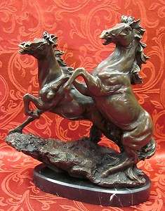   Deco 100% Bronze Sculpture Statue 2 horses Galloping Stallion  