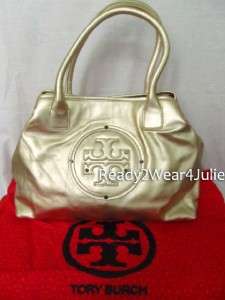   Burch $425 Metallic Gold Leather Stacked Logo Classic Tote Bag  