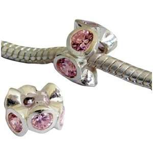  Silver Charm bead   jeweled with Pink Sapphire CZ crystals 