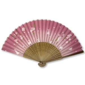 Cherry Blossom and Bunny Painted Bamboo Wood Oriental Silk Folding Fan 