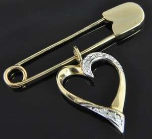   Gold Diamond Heart Dangle Charm Pendant Brooch Scarf Safety Pin  