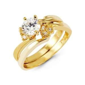  Bridal Set 14k Solid Gold Band Round CZ Wedding Rings 
