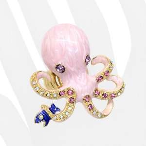 Octopus Enamel Crystal Animal Stretch Ring Pink Jewelry