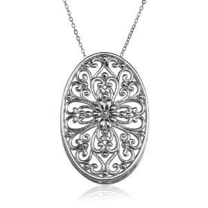  Sterling Silver Filigree Flower Oval Pendant, 18 Jewelry