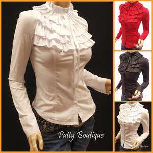 Ruffle Flounce Stand Collar Long Sleeved Blouse Top, XS  