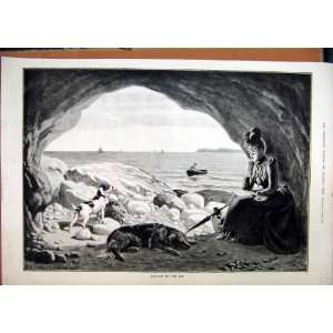  1890 Woman Sitting Cave Reading Book Dogs Man Boat