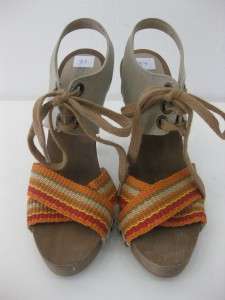   MCCARTNEY LACE UP WOODEN OPEN TOE. SIZE 37. CANVAS. HIGH HEELS.  