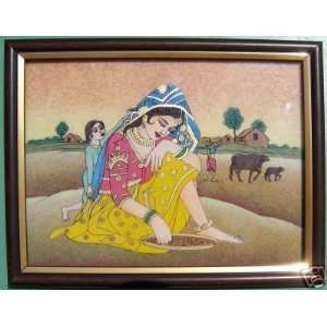 Lady cleaning the Wheat in Village, Painting in Gem Art