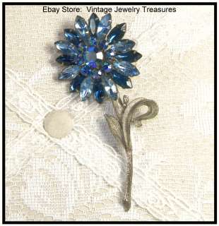   Light & Dark Blue Glass Rhinestone 4 Inch Flower Silvertone Pin  