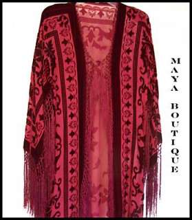 Burgundy Red Silk Fringes Jacket Kimono Opera Coat Wrap  