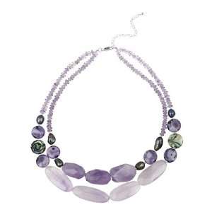   Silver Abalone, Pearl, Amethyst Chips & Stones Two Strand Necklace