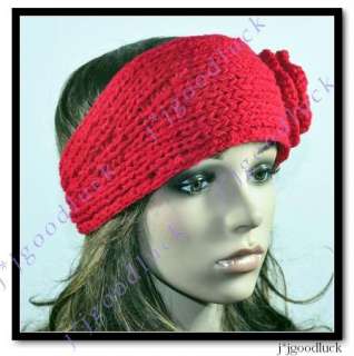 100% Handmade Knit Head Wrap Headband Crochet Flower RED  