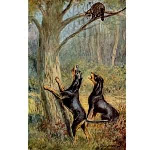 Dog 1958 Black and Tan Coonhounds Tree a Racoon Edwin Megargee Dog 