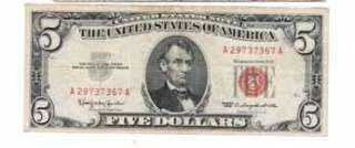 Five Dollar $5 1963 Federal Reserve Note Red Seal  