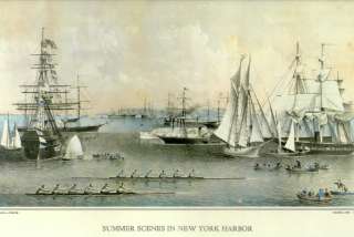 OLD PRINT ROWING NEW YORK SAIL SHIP HARBOR SCULLING ROW  