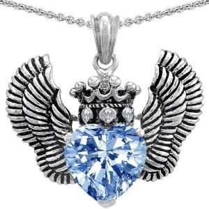   Siumlated Aquamarine Heart With Crown and Angel Wings Pendant Jewelry