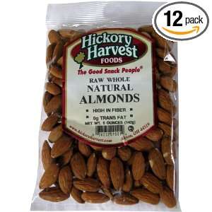 Hickory Harvest Raw Whole Natural Almonds, 5 Ounce Bags (Pack of 12 