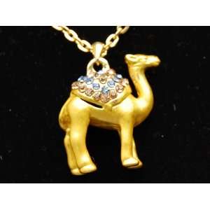   Rhinestone Crystal Gold Tone Painted Hump Camel Pendant Necklace