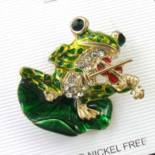 Frog Toad Animal Red Violin Instrumen Green Stone Crystal Brooch Pin 