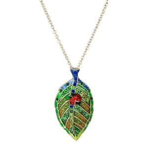  Silver Tone Enameled Lady Bug on a Leaf Pendant Chain Necklace 
