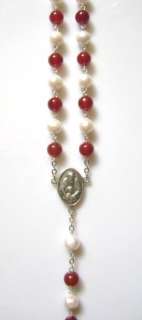 Sterling Silver 8mm Real Pearl & Red Agate Bead Rosary  