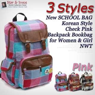 New SCHOOL BAG Korean Style Check Pink Backpack Bookbag for Women 