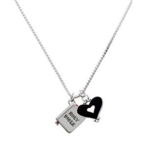  Silver Bible with Cross and Black Heart Charm Necklace 