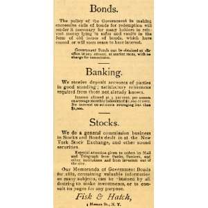  1882 Ad Fisk & Hatch Banking Bonds Stocks NY Exchange 