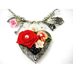  Vintage Style Silvertone Heart Locket with Red Flower Charm Necklace 