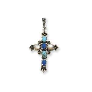  Sterling Silver Multi color Stone Cross: Jewelry