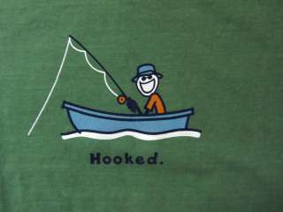 LIFE IS GOOD t SHIRT Jake fishing w/a big grin on his face HOOKED sz 