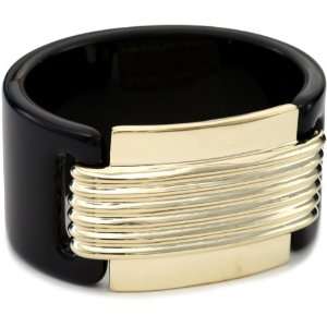   70s Luxe Black Acrylic Metal Section Bangle Bracelet: Jewelry