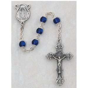  STERLING SILVER 6MM BEAD BLUE CAPPED ROSARY, DELUXE GIFT 