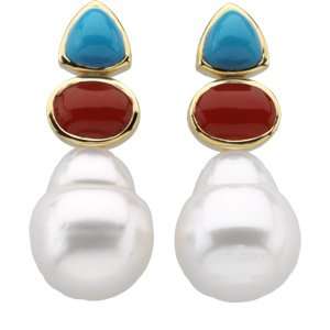   Turquoise And Genuine Coral Earrings In 14K Yellow Gold: Jewelry
